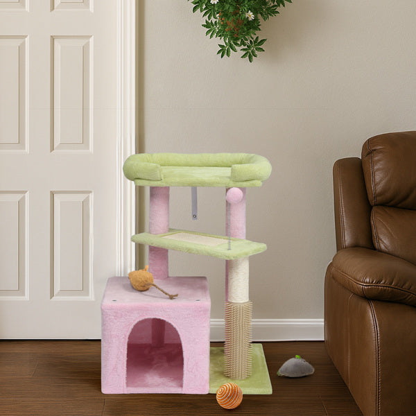 KFX-5175869 Multi-Level Cat Tree with Cozy Condo, Scratching Post, and Soft Perch in Pink and Green