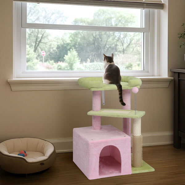 KFX-5175869 Multi-Level Cat Tree with Cozy Condo, Scratching Post, and Soft Perch in Pink and Green