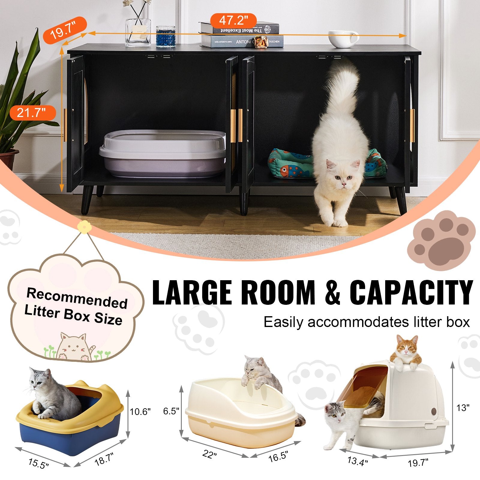 KFX-5176253 Wooden Cat Litter Box Enclosure with Hidden Design and Spacious Access, Black