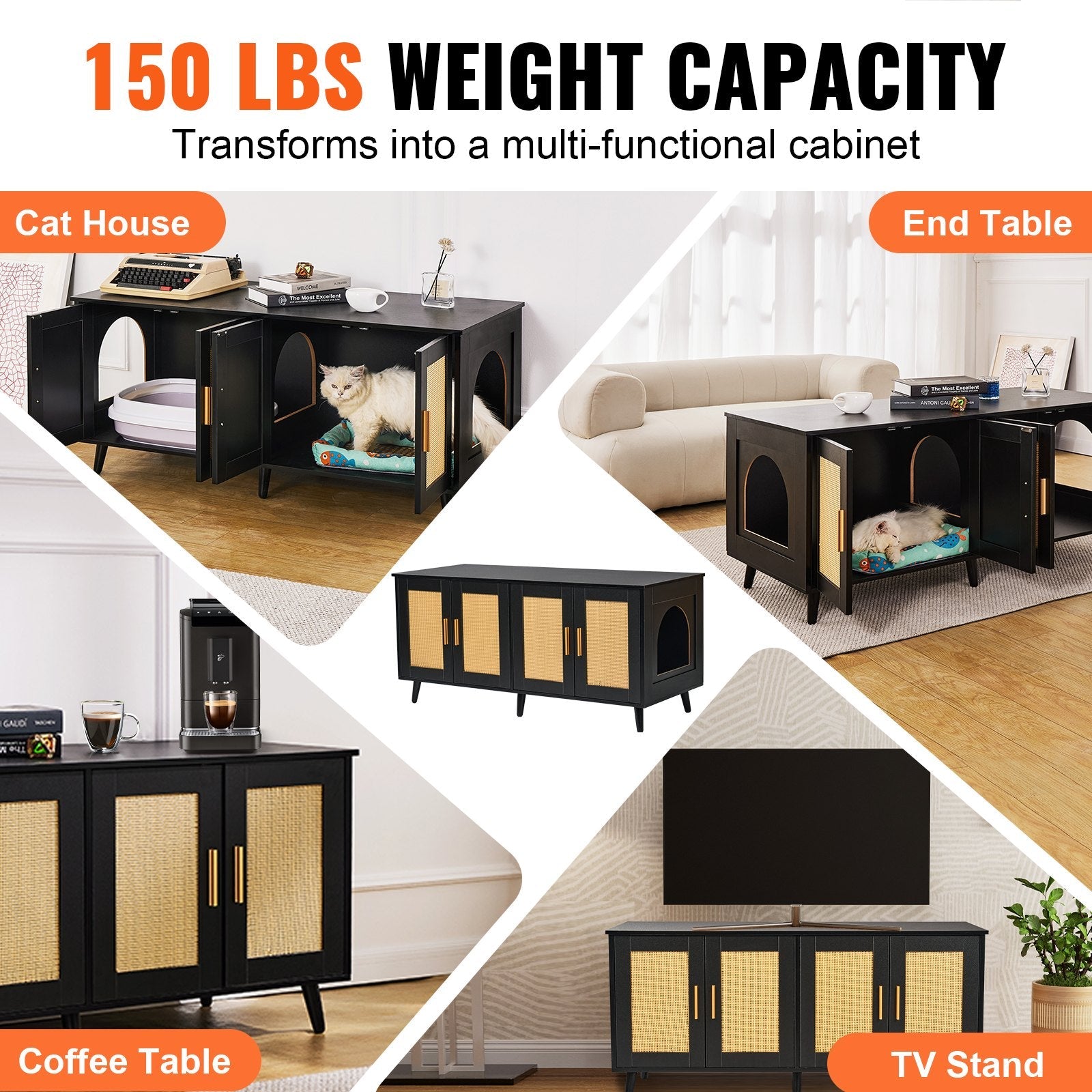 KFX-5176253 Wooden Cat Litter Box Enclosure with Hidden Design and Spacious Access, Black