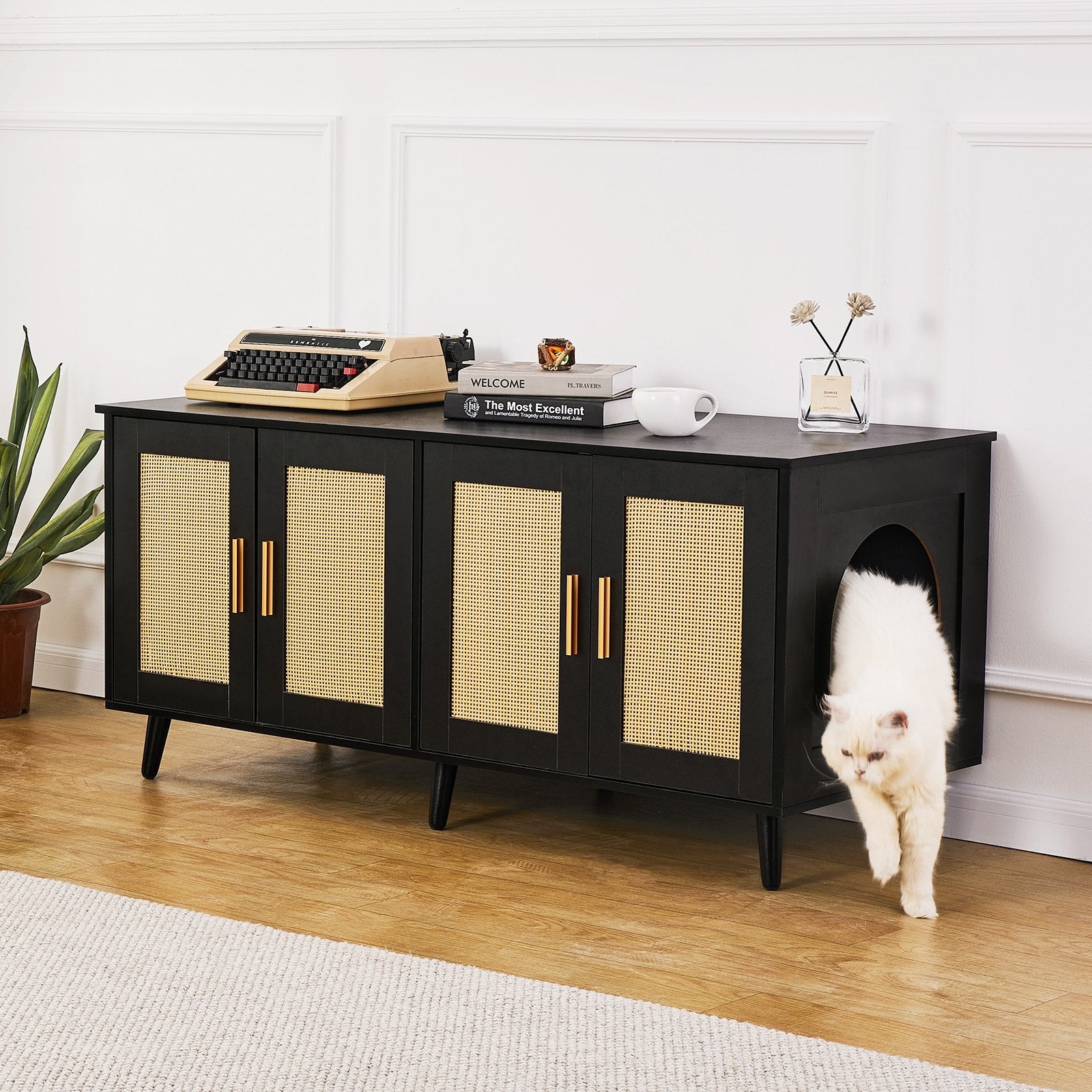 KFX-5176253 Wooden Cat Litter Box Enclosure with Hidden Design and Spacious Access, Black