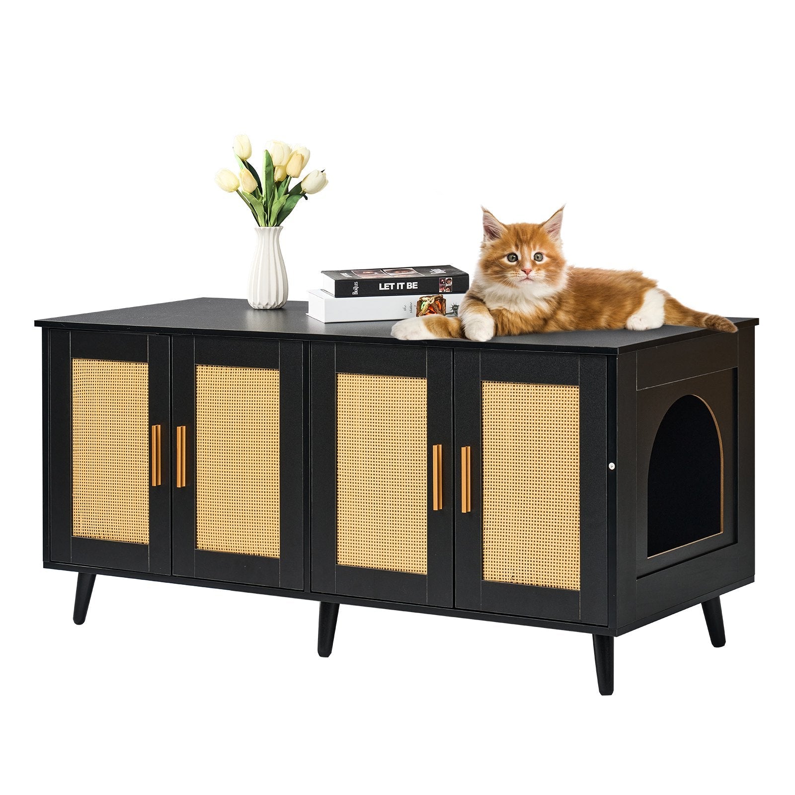 KFX-5176253 Wooden Cat Litter Box Enclosure with Hidden Design and Spacious Access, Black