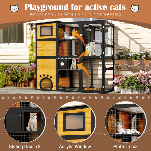 KFX-5181629 Large Outdoor Cat Enclosure with Four Tiers and Platforms, Weatherproof Design for Multiple Cats, Brown