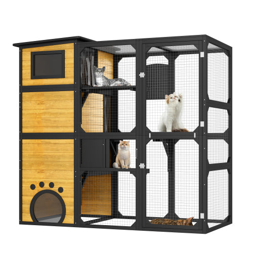 KFX-5181629 Large Outdoor Cat Enclosure with Four Tiers and Platforms, Weatherproof Design for Multiple Cats, Brown