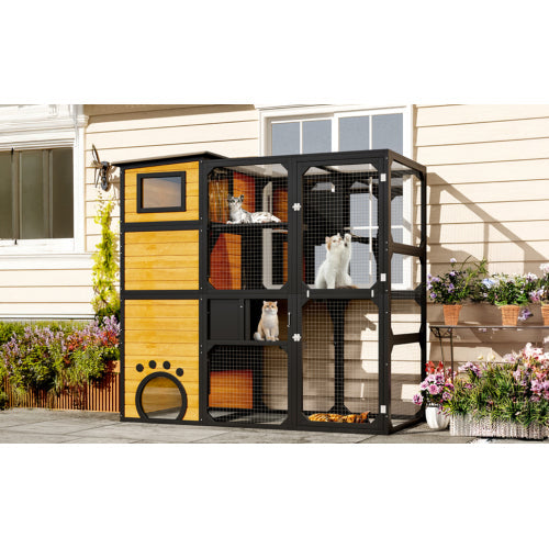 KFX-5181629 Large Outdoor Cat Enclosure with Four Tiers and Platforms, Weatherproof Design for Multiple Cats, Brown
