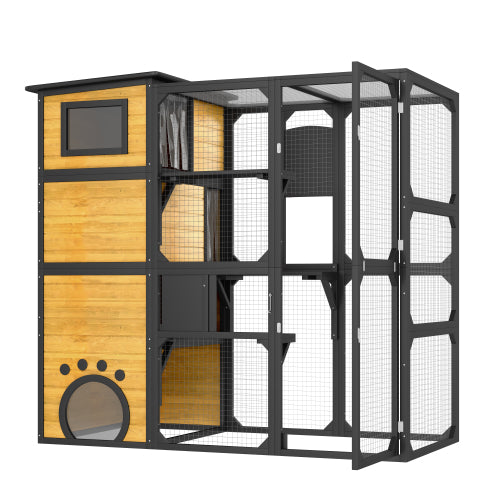 KFX-5181629 Large Outdoor Cat Enclosure with Four Tiers and Platforms, Weatherproof Design for Multiple Cats, Brown