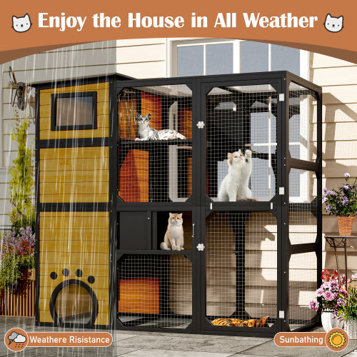 KFX-5181629 Large Outdoor Cat Enclosure with Four Tiers and Platforms, Weatherproof Design for Multiple Cats, Brown