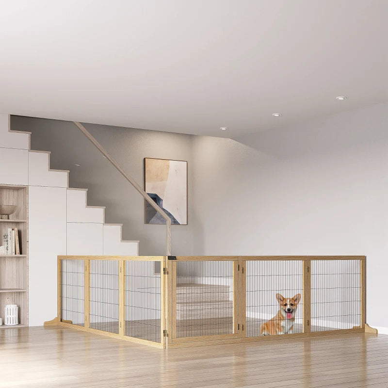 KFX-5182013 Foldable Wooden Pet Gate for Small to Medium Dogs - 6-Panel Safety Barrier with Support Feet