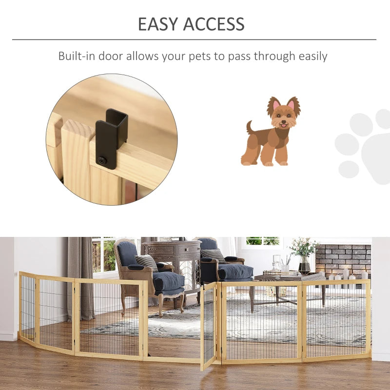 KFX-5182013 Foldable Wooden Pet Gate for Small to Medium Dogs - 6-Panel Safety Barrier with Support Feet