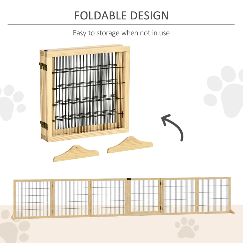 KFX-5182013 Foldable Wooden Pet Gate for Small to Medium Dogs - 6-Panel Safety Barrier with Support Feet