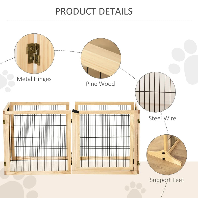 KFX-5182013 Foldable Wooden Pet Gate for Small to Medium Dogs - 6-Panel Safety Barrier with Support Feet