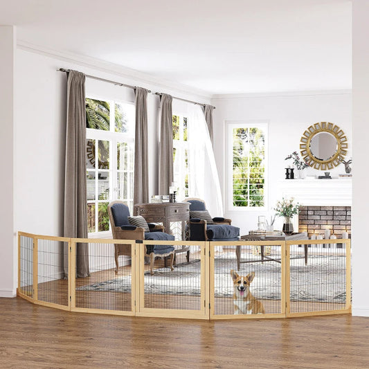 KFX-5182013 Foldable Wooden Pet Gate for Small to Medium Dogs - 6-Panel Safety Barrier with Support Feet