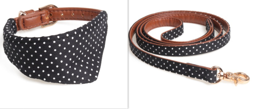 KFX-5187901 Polka Dot Triangle Scarf Collar and Leash Set for Dogs in Black, White, Red, Yellow