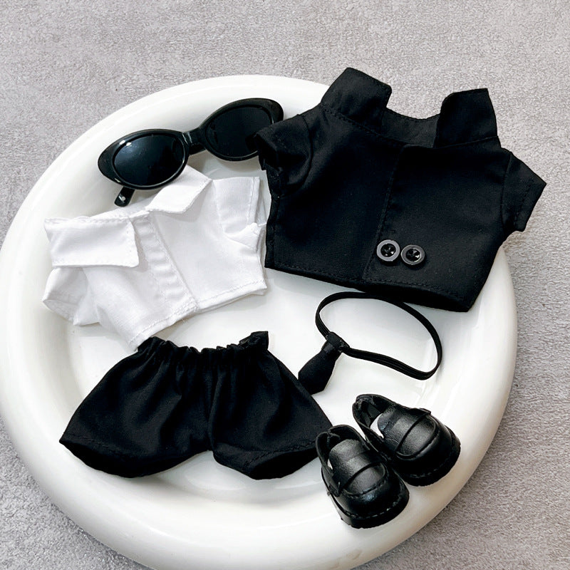KFX-5188285 Stylish Black Suit Set with Oval Sunglasses and Ankle Boots for Dolls