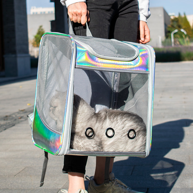 KFX-5196093 Transparent Laser Dog Backpack for Pets - Soft Mesh and Lamb Wool - Suitable for Pets Up to 15 kg - 35x27x40 cm