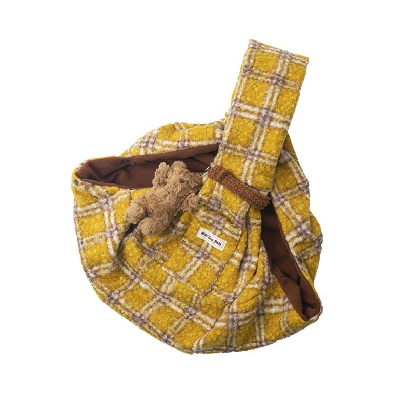 KFX-5201853 Soft Yellow Plaid Portable Crossbody Backpack for Small Pets