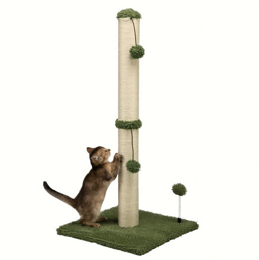 KFX-5205565 Extra Thick Indoor Cat Scratching Post with Hanging Ball Toy - Durable Fiberboard Surface for Claw Care and Safe Play