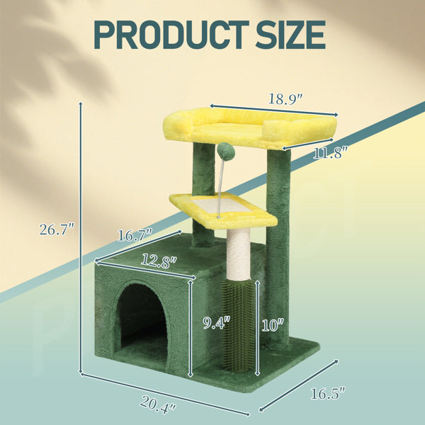 KFX-5208637 Multi-Level Cat Tree with Condo, Scratching Post, and Soft Top Perch in Yellow & Green