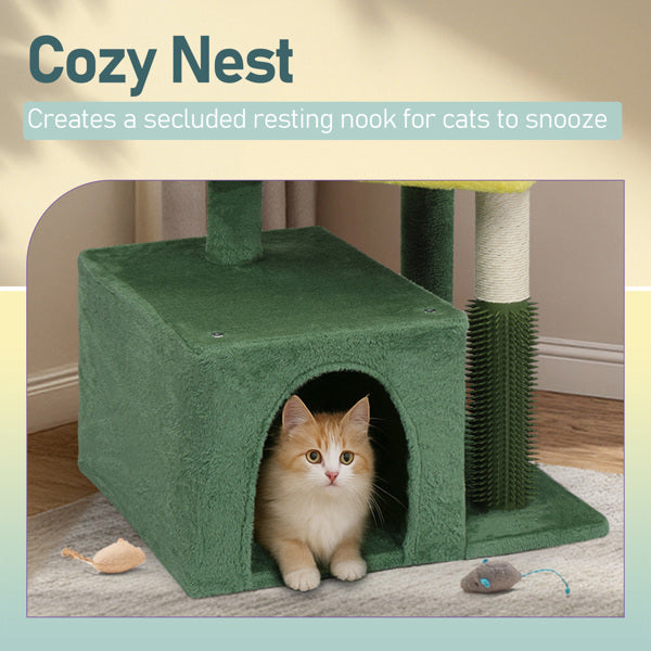 KFX-5208637 Multi-Level Cat Tree with Condo, Scratching Post, and Soft Top Perch in Yellow & Green