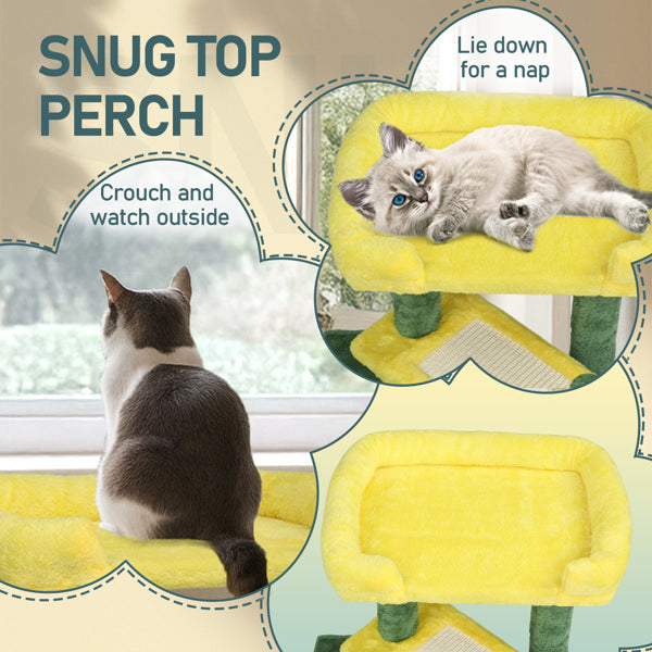 KFX-5208637 Multi-Level Cat Tree with Condo, Scratching Post, and Soft Top Perch in Yellow & Green