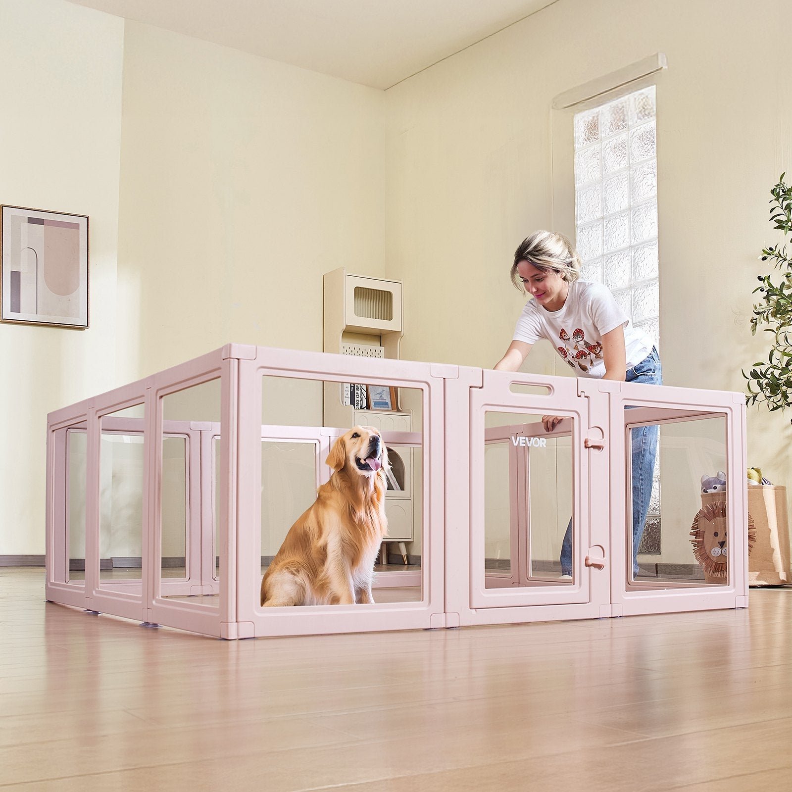 KFX-5209021 Transparent Whelping Box with Window for Large Dogs - Easy Assembly Playpen 60x59x23 In