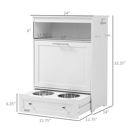 KFX-5211325 Pet Feeder Station Locker with Storage, Raised Bowls, and Hooks for Supplies - White