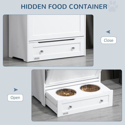 KFX-5211325 Pet Feeder Station Locker with Storage, Raised Bowls, and Hooks for Supplies - White
