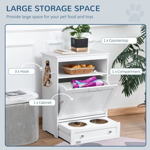 KFX-5211325 Pet Feeder Station Locker with Storage, Raised Bowls, and Hooks for Supplies - White
