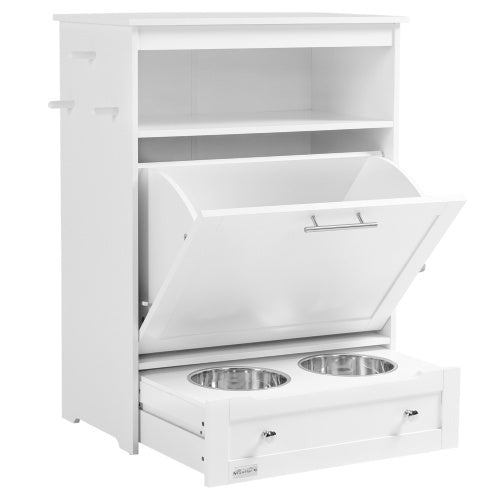 KFX-5211325 Pet Feeder Station Locker with Storage, Raised Bowls, and Hooks for Supplies - White