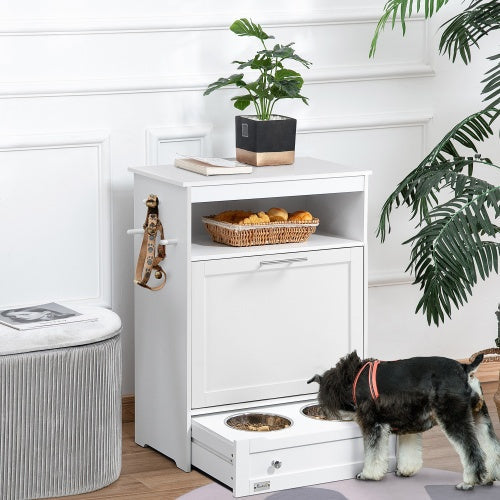 KFX-5211325 Pet Feeder Station Locker with Storage, Raised Bowls, and Hooks for Supplies - White
