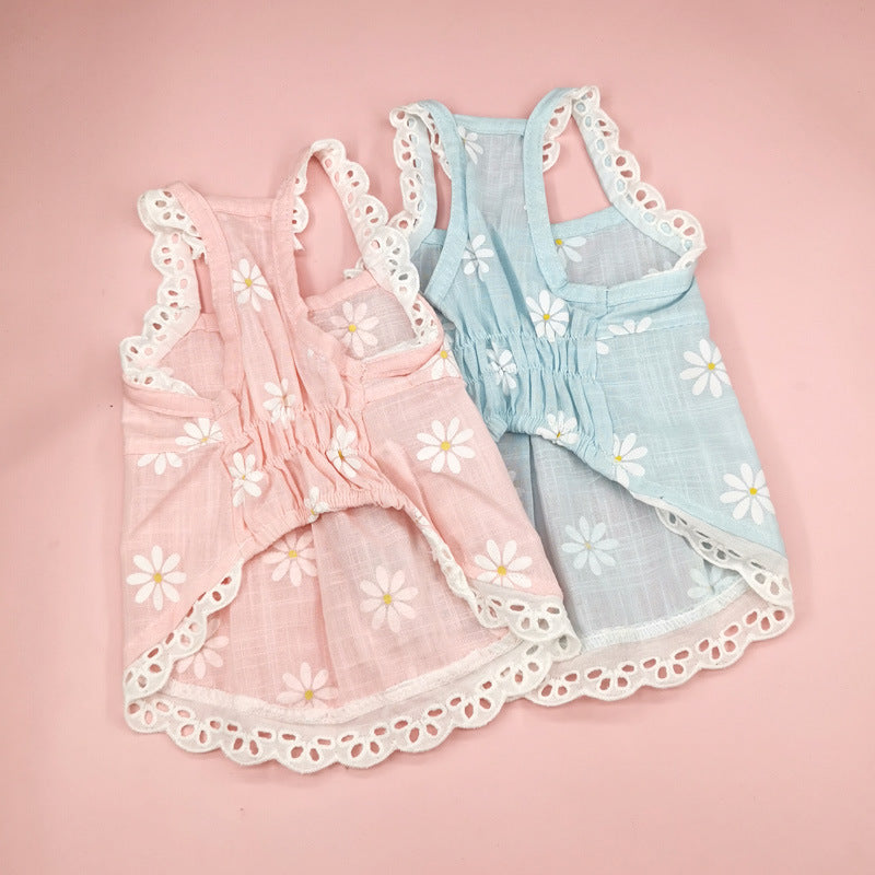 KFX-5211709 Lace Skirt for Dogs and Cats with Blue and Pink Sunflower Print, Cotton Material, Sizes XS-XL