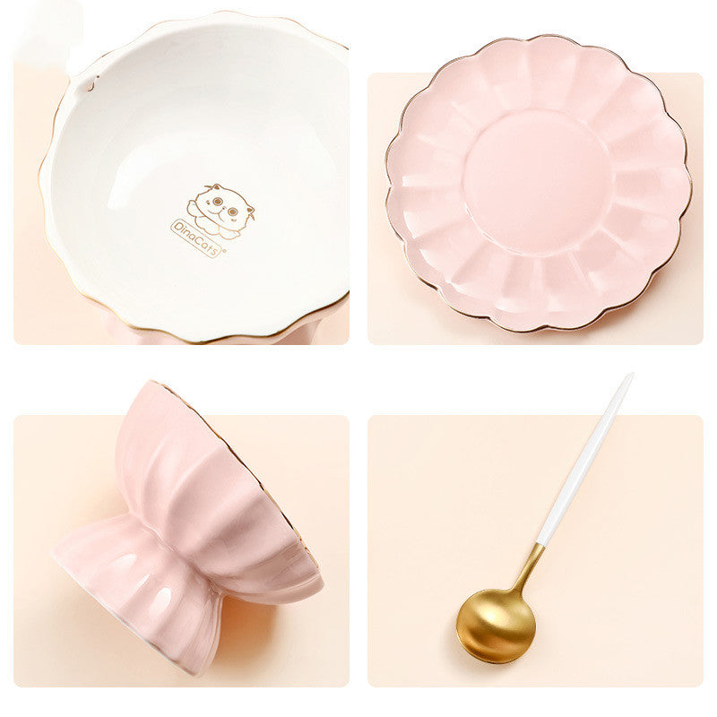KFX-5217085 Elegant Pink Cat Bowl and Dinner Plate Set in Bone Porcelain for Indoor Use