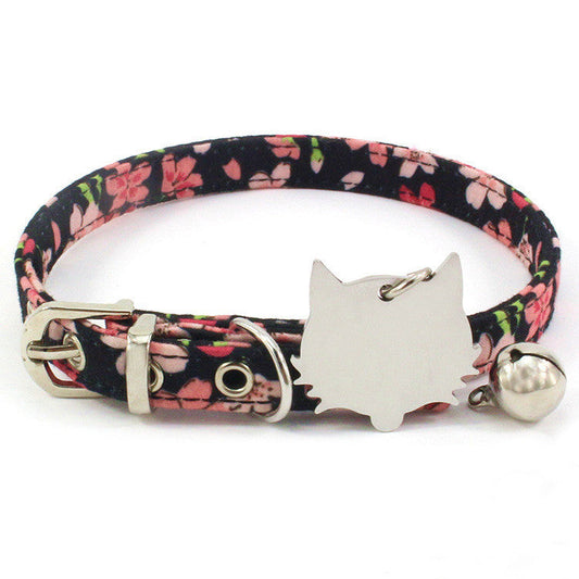 KFX-5226429 Double-Sided Laser Engraved Flower Pattern Pet Collar with Copper Bell - Adjustable Sizes Available