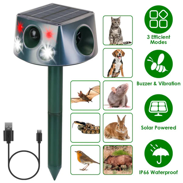 KFX-5228093 Solar Rechargeable Animal Repeller with Ultrasonic, Buzzer, and Vibration Modes - IP66 Waterproof, 2200mAh Battery