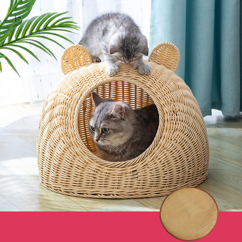 KFX-5230653 Imitation Rattan Semi-enclosed Cat Kennel with Cooler Mat Options