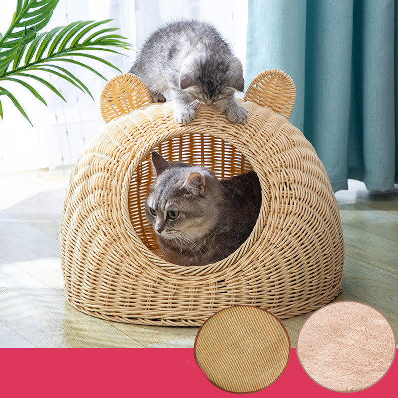 KFX-5230653 Imitation Rattan Semi-enclosed Cat Kennel with Cooler Mat Options