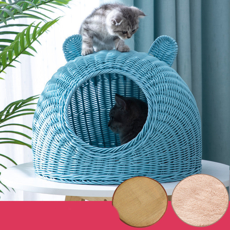 KFX-5230653 Imitation Rattan Semi-enclosed Cat Kennel with Cooler Mat Options