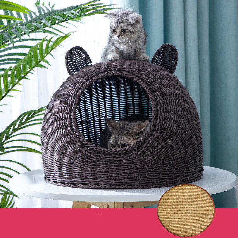 KFX-5230653 Imitation Rattan Semi-enclosed Cat Kennel with Cooler Mat Options