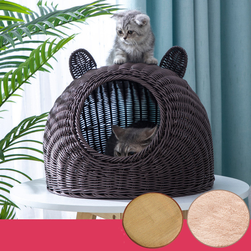 KFX-5230653 Imitation Rattan Semi-enclosed Cat Kennel with Cooler Mat Options