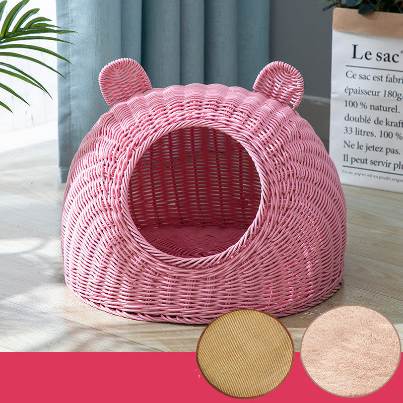 KFX-5230653 Imitation Rattan Semi-enclosed Cat Kennel with Cooler Mat Options
