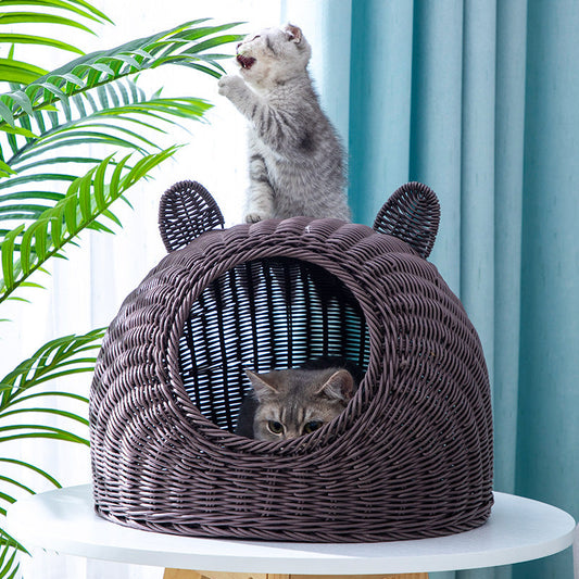 KFX-5230653 Imitation Rattan Semi-enclosed Cat Kennel with Cooler Mat Options