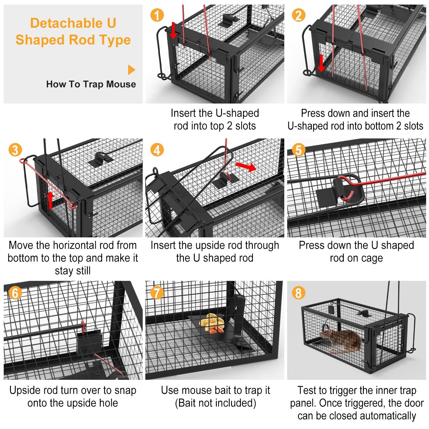 KFX-5236029 Humane Live Rodent Trap Cage - 2 Pack Galvanized Iron Design for Mice Control with Detachable U Shaped Rod
