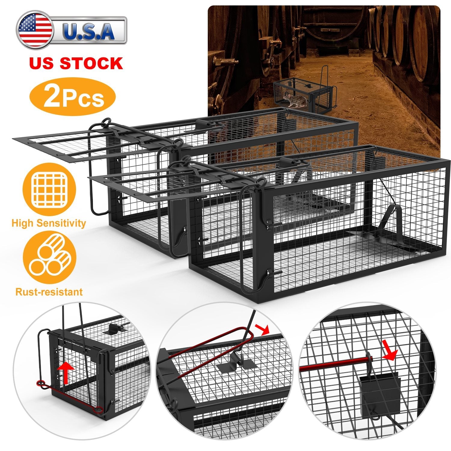 KFX-5236029 Humane Live Rodent Trap Cage - 2 Pack Galvanized Iron Design for Mice Control with Detachable U Shaped Rod