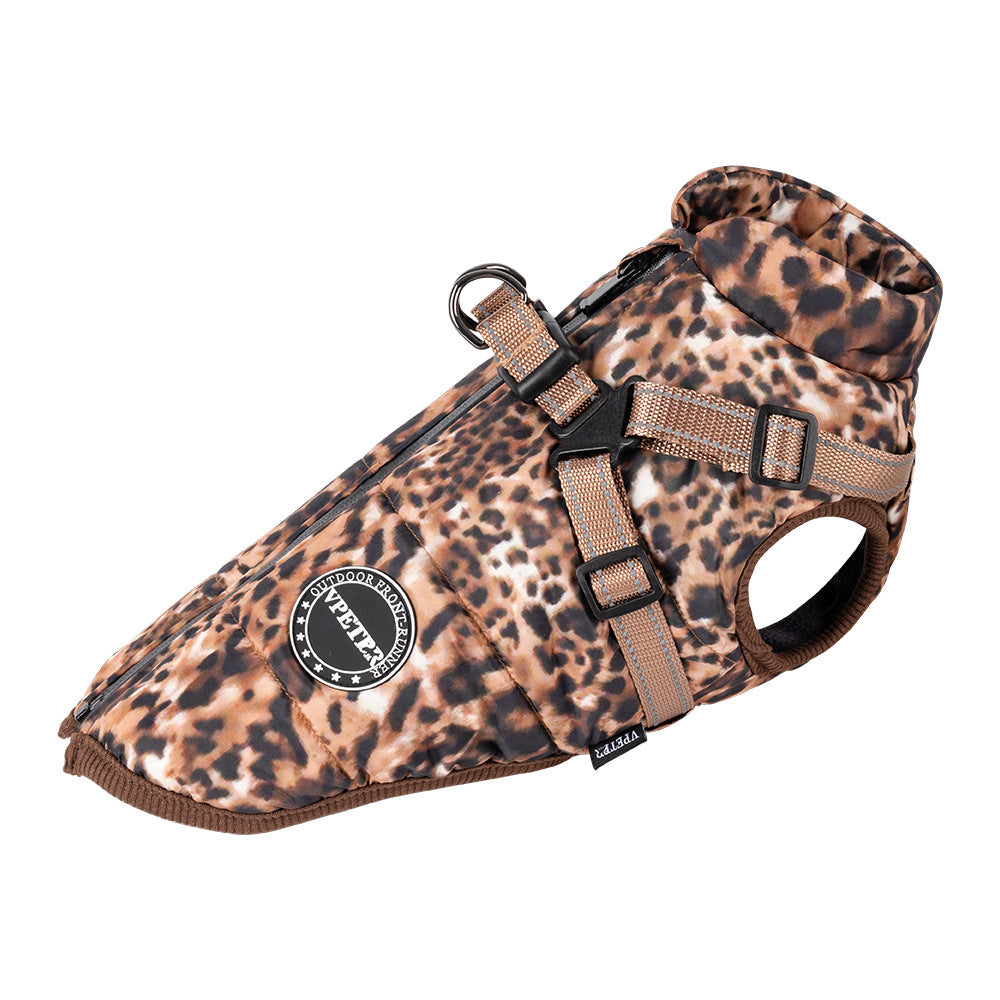 KFX-5236925 Leopard Print Pet Clothing with Integrated Traction Rope – Casual Style for Sizes S to 2XL