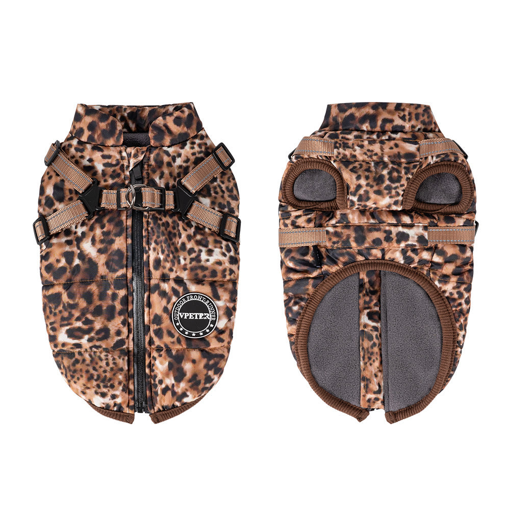 KFX-5236925 Leopard Print Pet Clothing with Integrated Traction Rope – Casual Style for Sizes S to 2XL