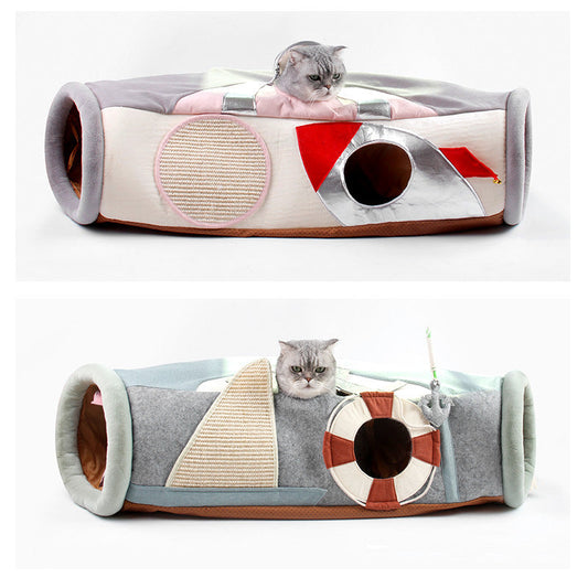 KFX-5237437 Folding Cat Scratcher Tunnel - Semi-Enclosed Pet Nest for Cats
