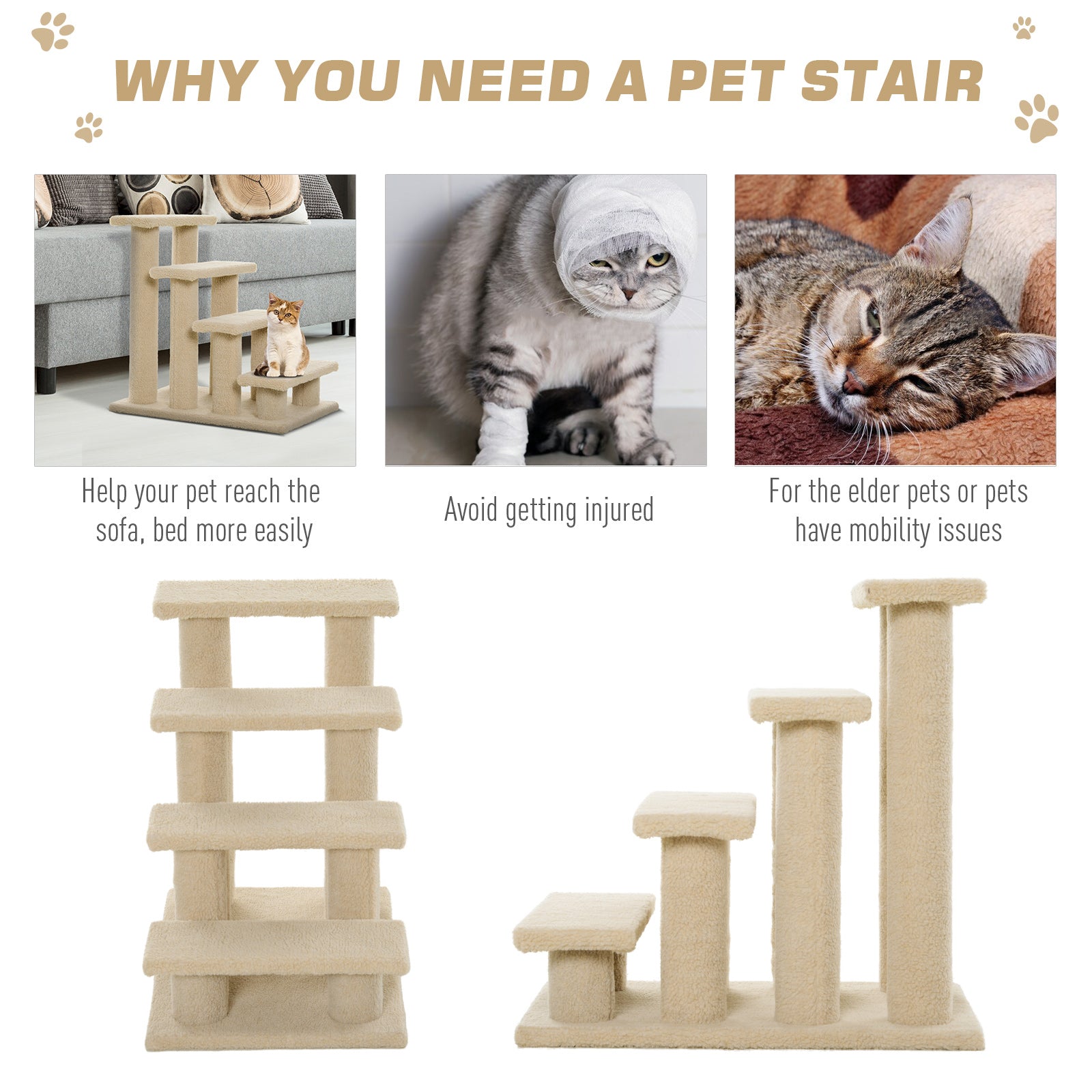 KFX-5241405 4-Step Multi-Level Carpeted Cat Scratching Post and Pet Stairs for Senior and Recovering Cats
