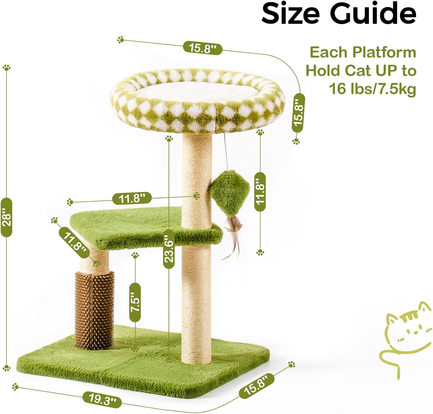 KFX-5247165 Multi-Level Cat Tree with Removable Perch, Self-Grooming Brush, and Interactive Toys for Indoor Cats - Green
