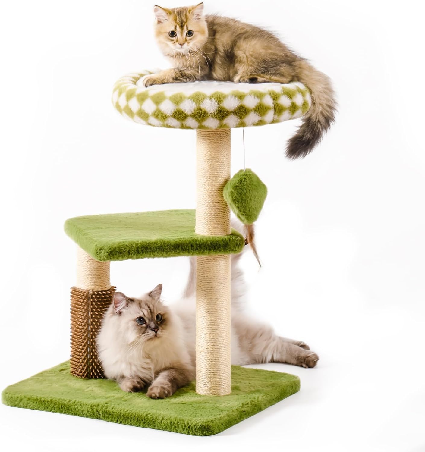 KFX-5247165 Multi-Level Cat Tree with Removable Perch, Self-Grooming Brush, and Interactive Toys for Indoor Cats - Green