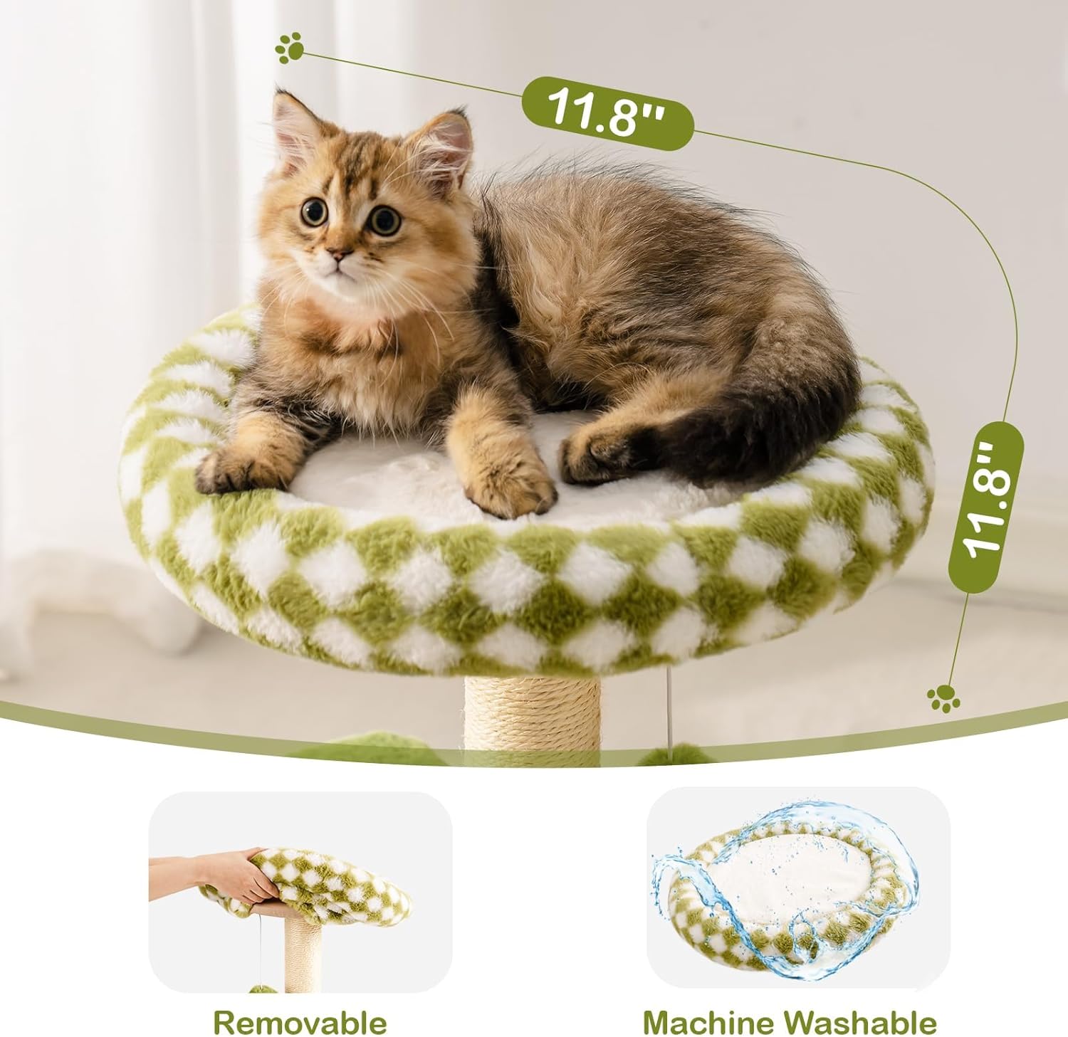 KFX-5247165 Multi-Level Cat Tree with Removable Perch, Self-Grooming Brush, and Interactive Toys for Indoor Cats - Green